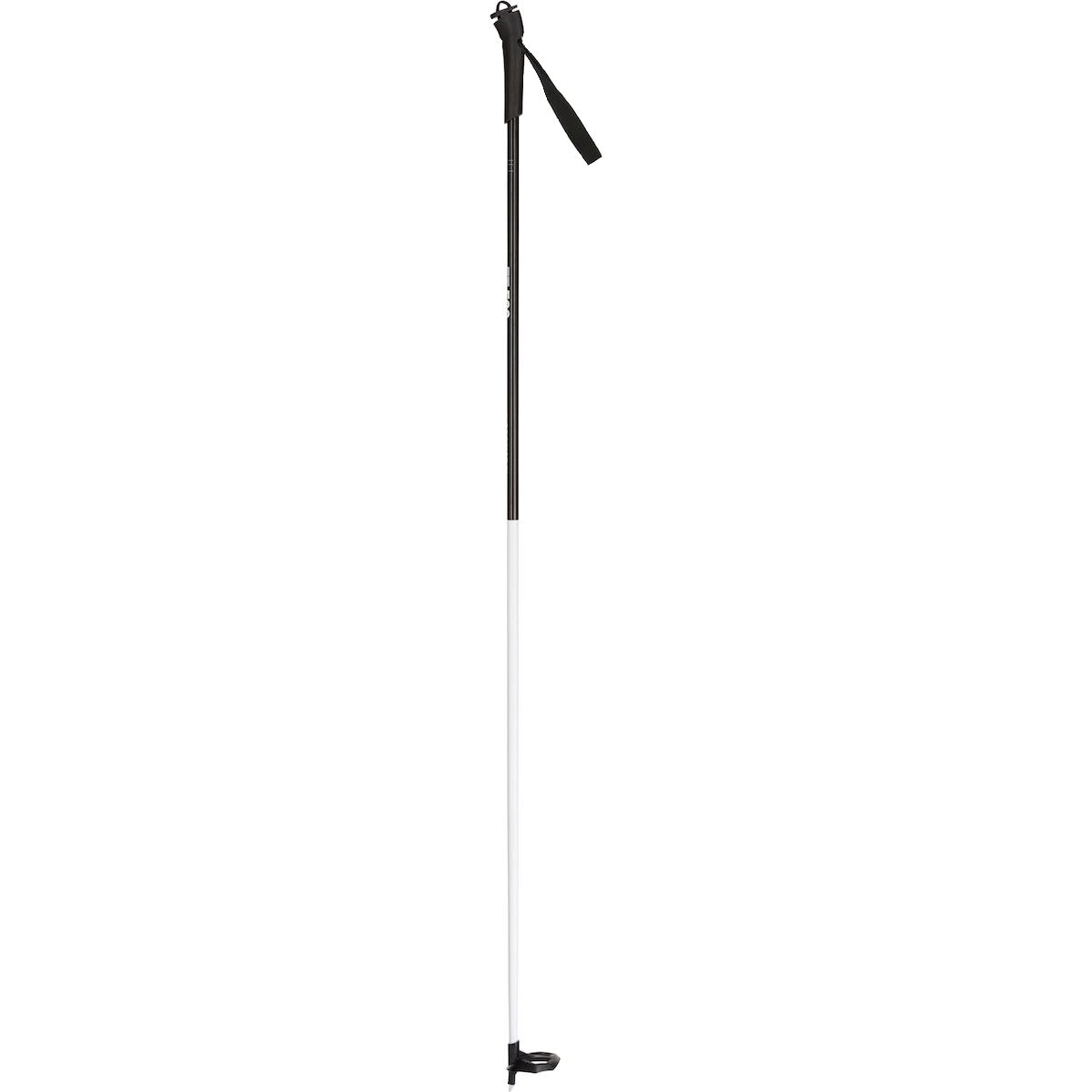 A single black and white ski pole with a wrist strap